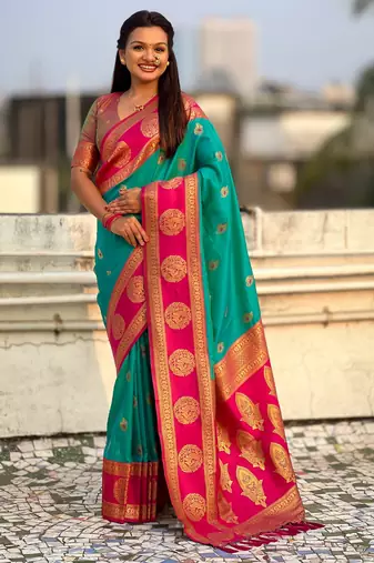 Sea green color soft silk fabric woven designer girlie rich look saree