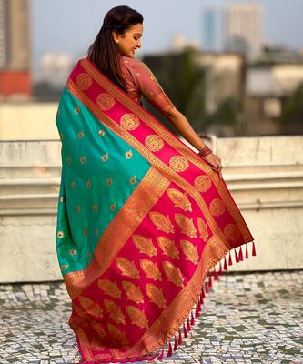 Sea green soft silk blend woven girlie rich look saree 2