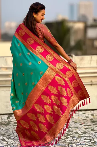Sea green color soft silk fabric woven designer girlie rich look saree