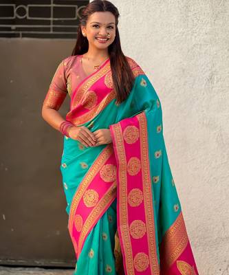 Sea green soft silk blend woven girlie rich look saree 3