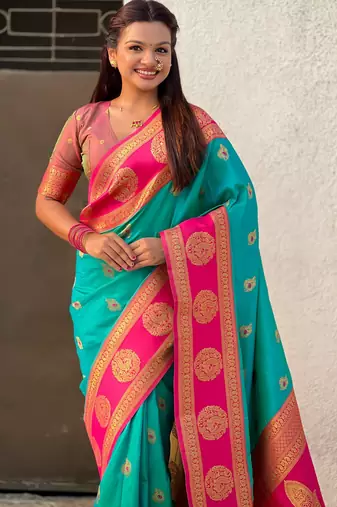 Sea green color soft silk fabric woven designer girlie rich look saree