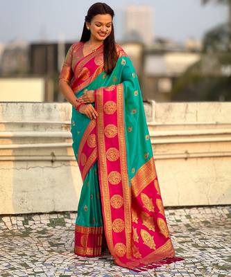 Sea green soft silk blend woven girlie rich look saree 4