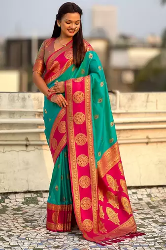 Sea green color soft silk fabric woven designer girlie rich look saree
