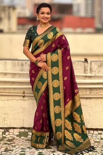 Wine color soft silk fabric woven designer girlie rich look saree