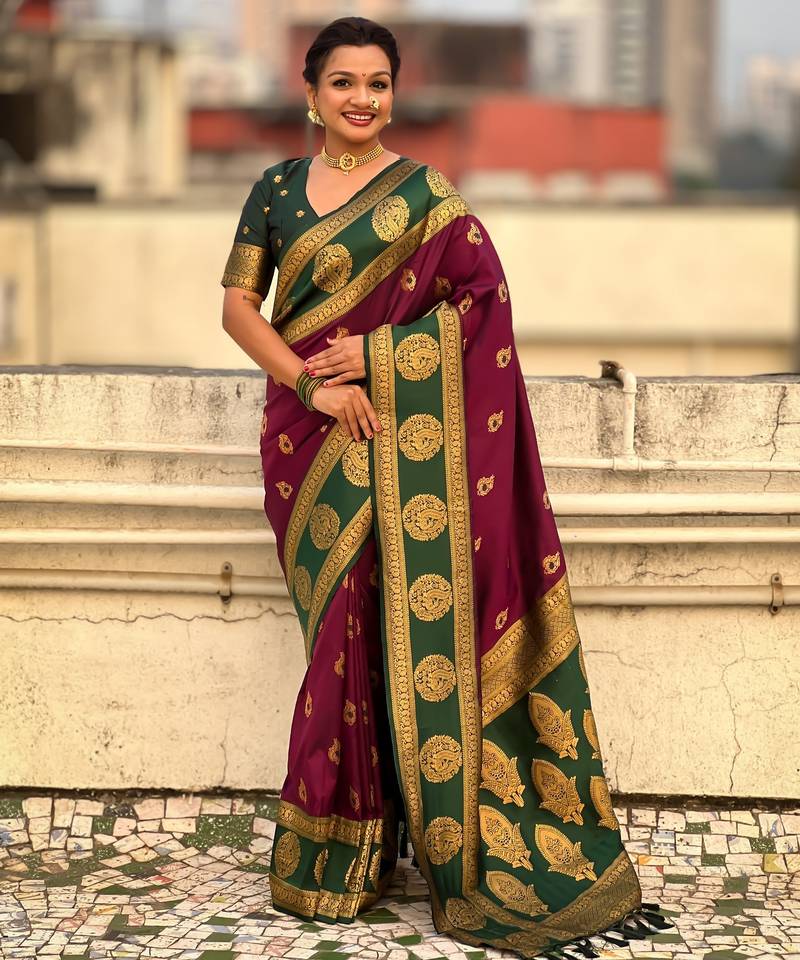 Wine color soft silk fabric woven designer girlie rich look saree