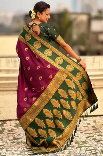 Wine color soft silk fabric woven designer girlie rich look saree