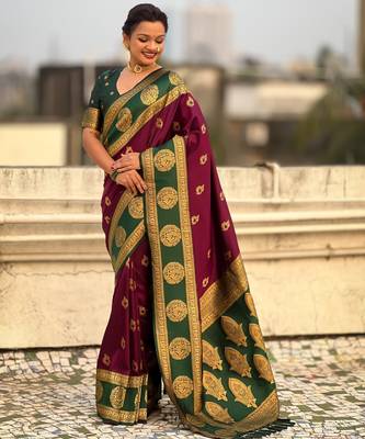 Wine soft silk blend woven girlie rich look saree 4