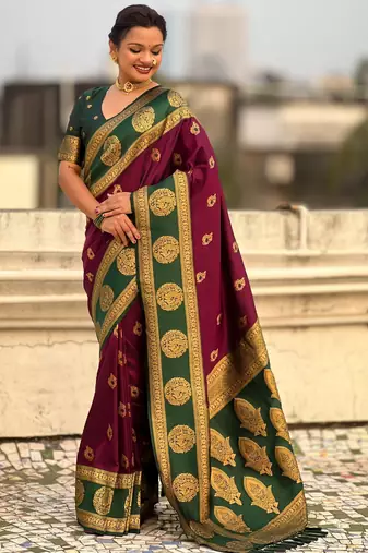 Wine color soft silk fabric woven designer girlie rich look saree