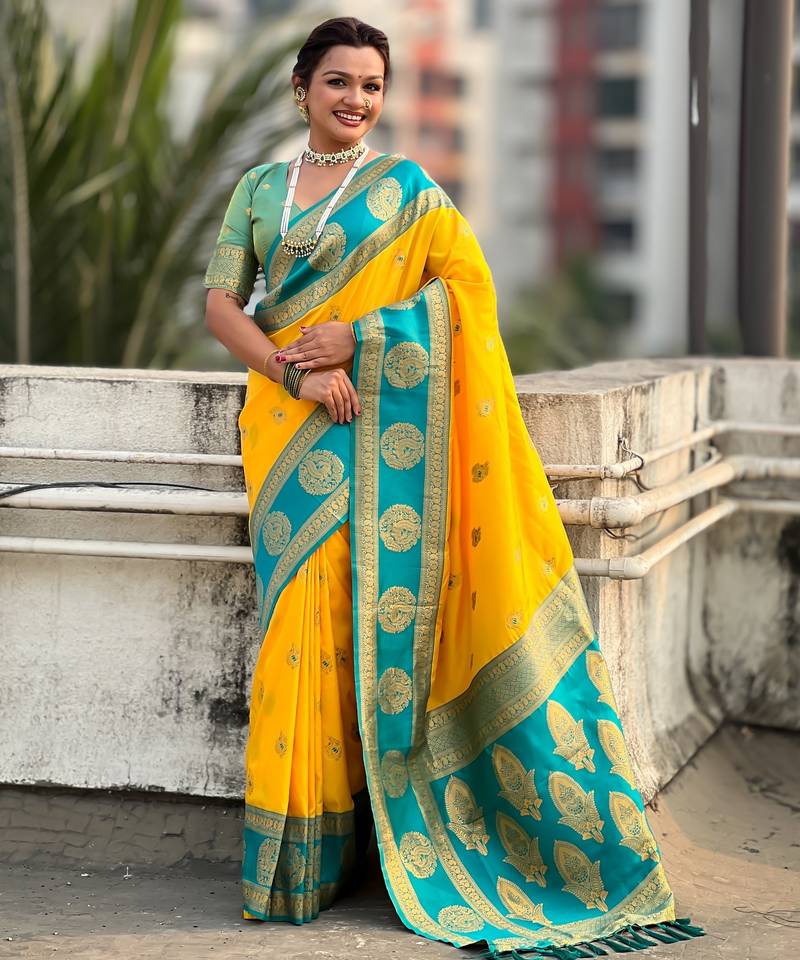 Yellow color soft silk fabric woven designer girlie rich look saree