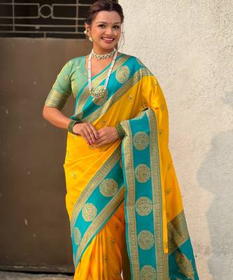 Yellow soft silk blend woven girlie rich look saree 3