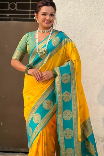 Yellow color soft silk fabric woven designer girlie rich look saree