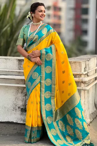Yellow color soft silk fabric woven designer girlie rich look saree