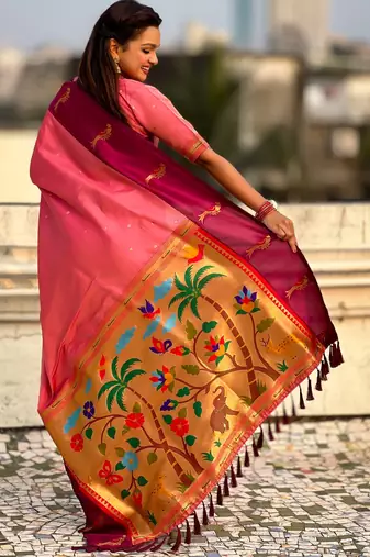Baby pink color soft silk woven deisgner partywear saree