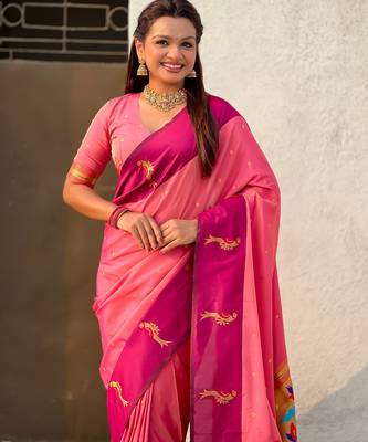 Baby pink soft silk blend woven deisgner partywear saree 3