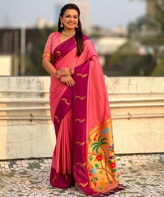 Baby pink soft silk blend woven deisgner partywear saree 4