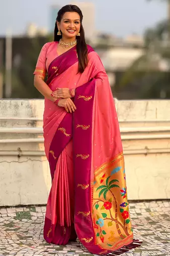 Baby pink color soft silk woven deisgner partywear saree