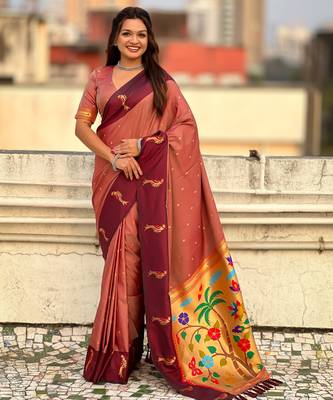 Coral soft silk blend woven deisgner partywear saree 1
