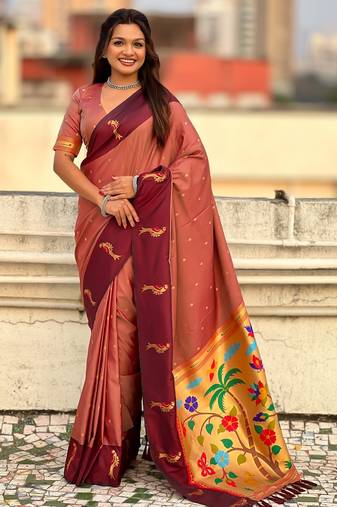 Coral color soft silk woven deisgner partywear saree
