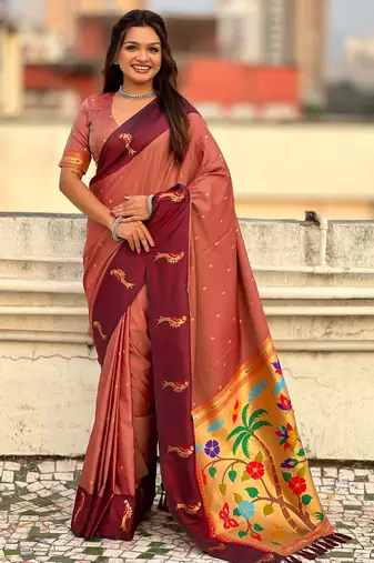 Coral color soft silk woven deisgner partywear saree
