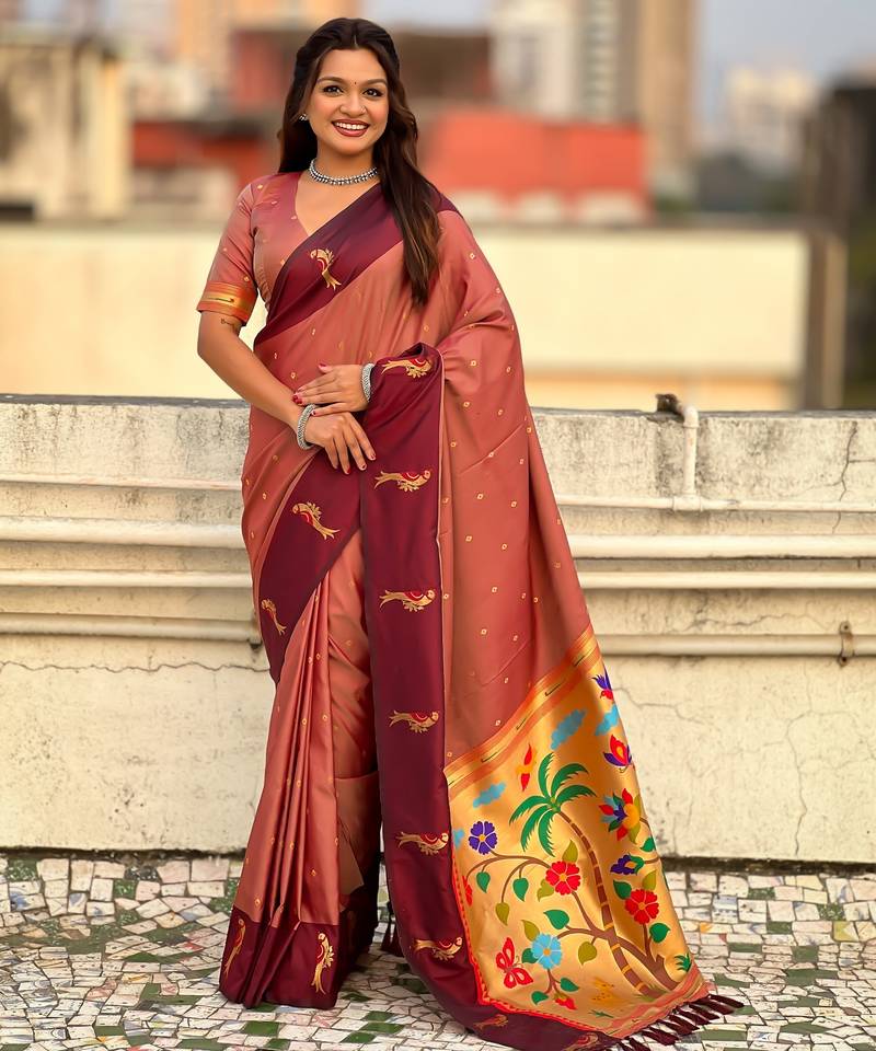Coral color soft silk woven deisgner partywear saree