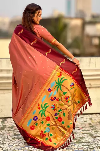Coral color soft silk woven deisgner partywear saree