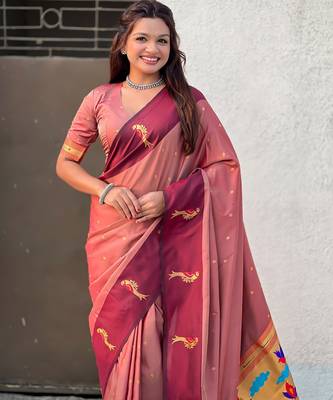 Coral soft silk blend woven deisgner partywear saree 3