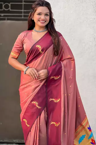 Coral color soft silk woven deisgner partywear saree