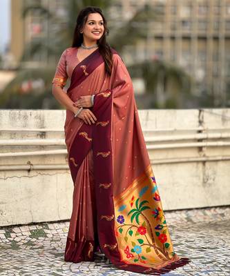 Coral soft silk blend woven deisgner partywear saree 4