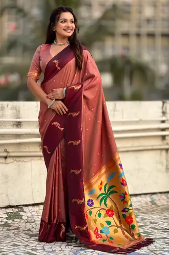 Coral color soft silk woven deisgner partywear saree
