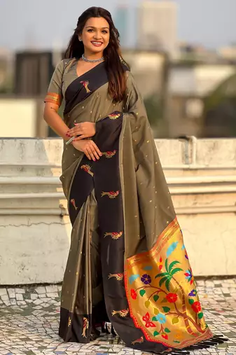 Grey color soft silk woven deisgner partywear saree
