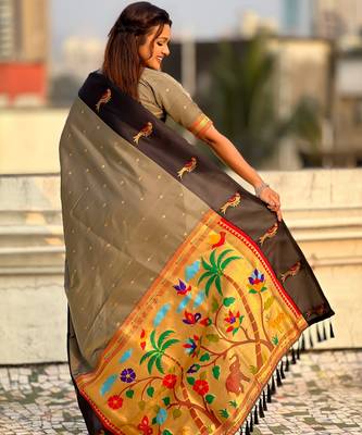 Grey soft silk blend woven deisgner partywear saree 2