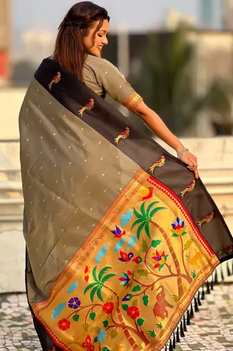 Grey color soft silk woven deisgner partywear saree