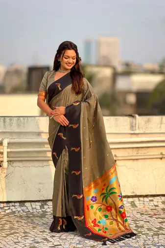 Grey color soft silk woven deisgner partywear saree
