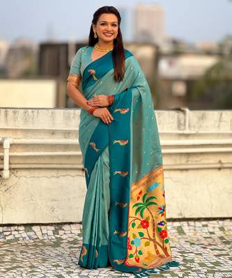 Sky blue soft silk blend woven deisgner partywear saree 1