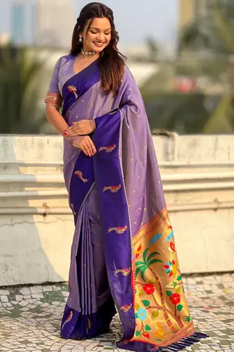 Voilet color soft silk woven deisgner partywear saree