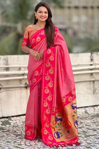 Baby pink color beautiful  woven lotus meenakari designer graceful ethnic saree