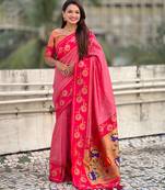Baby pink beautiful woven lotus meenakari designer graceful ethnic saree