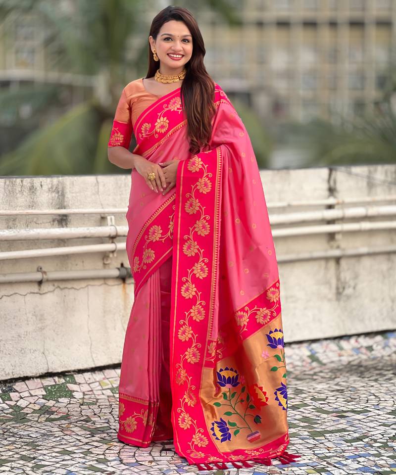 Baby pink color beautiful  woven lotus meenakari designer graceful ethnic saree