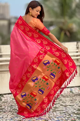 Baby pink woven lotus meenakari graceful ethnic saree
