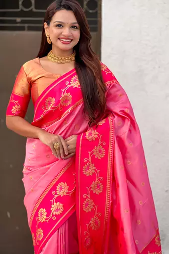 Baby pink woven lotus meenakari graceful ethnic saree