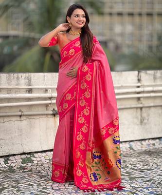 Baby pink woven lotus meenakari graceful ethnic saree 4
