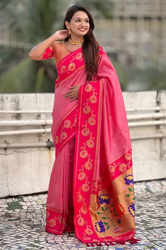 Baby pink woven lotus meenakari graceful ethnic saree