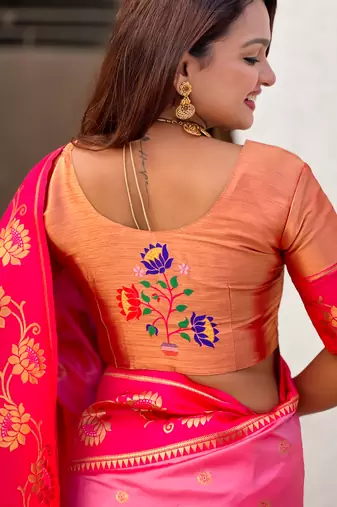 Baby pink woven lotus meenakari graceful ethnic saree