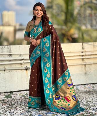 Coffee woven lotus meenakari graceful ethnic saree 1