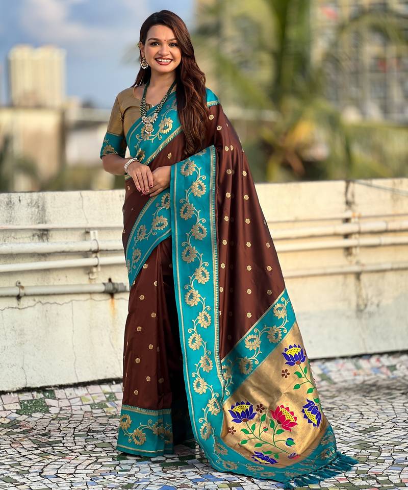 Coffee color beautiful  woven lotus meenakari designer graceful ethnic saree
