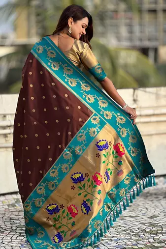 Coffee woven lotus meenakari graceful ethnic saree