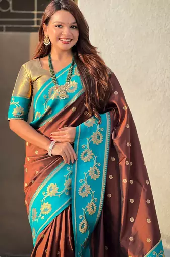 Coffee woven lotus meenakari graceful ethnic saree