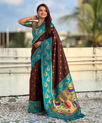 Coffee woven lotus meenakari graceful ethnic saree 4