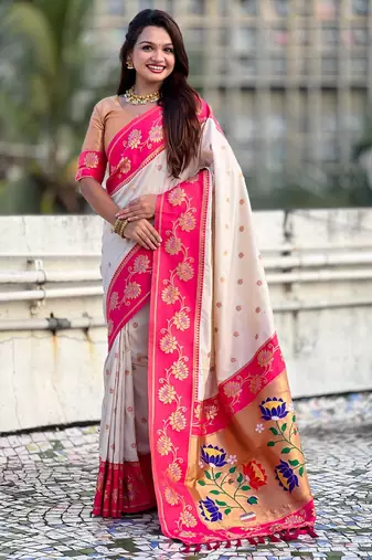 Cream color beautiful  woven lotus meenakari designer graceful ethnic saree