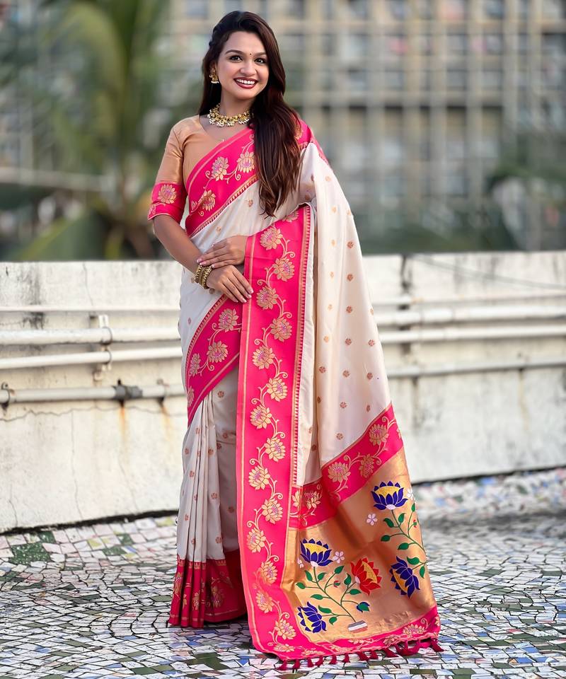 Cream color beautiful  woven lotus meenakari designer graceful ethnic saree